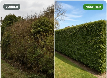 Vorher und Nachher: überwachsene und anschließend sauber geschnittene Hecke